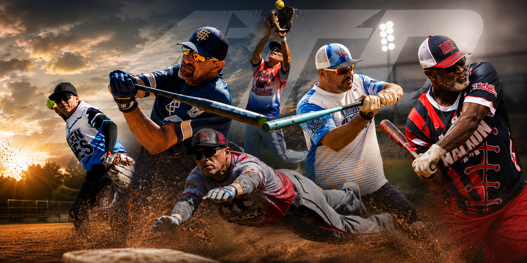 Senior softball player swinging at the plate during an Above The Dirt Sports game